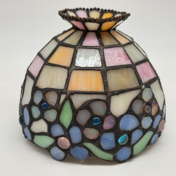 Stained Glass Mosaic Lamp Shade Multicolor Floral Pattern With Iridescent Accent - Picture 5 of 8